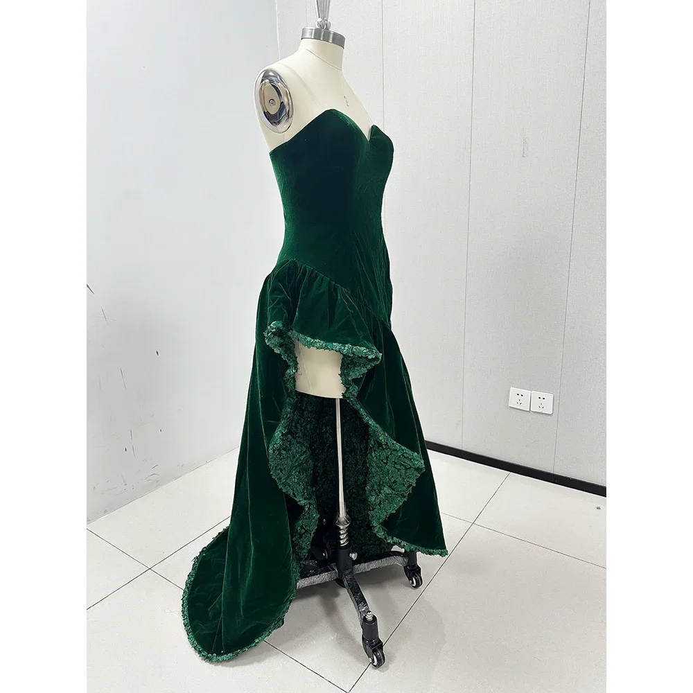 Green Velvet Spaghetti Strap Evening Dresses Sleeveless Pleat Floor Length High/Low Prom Dress for Special Occasion Vestidos