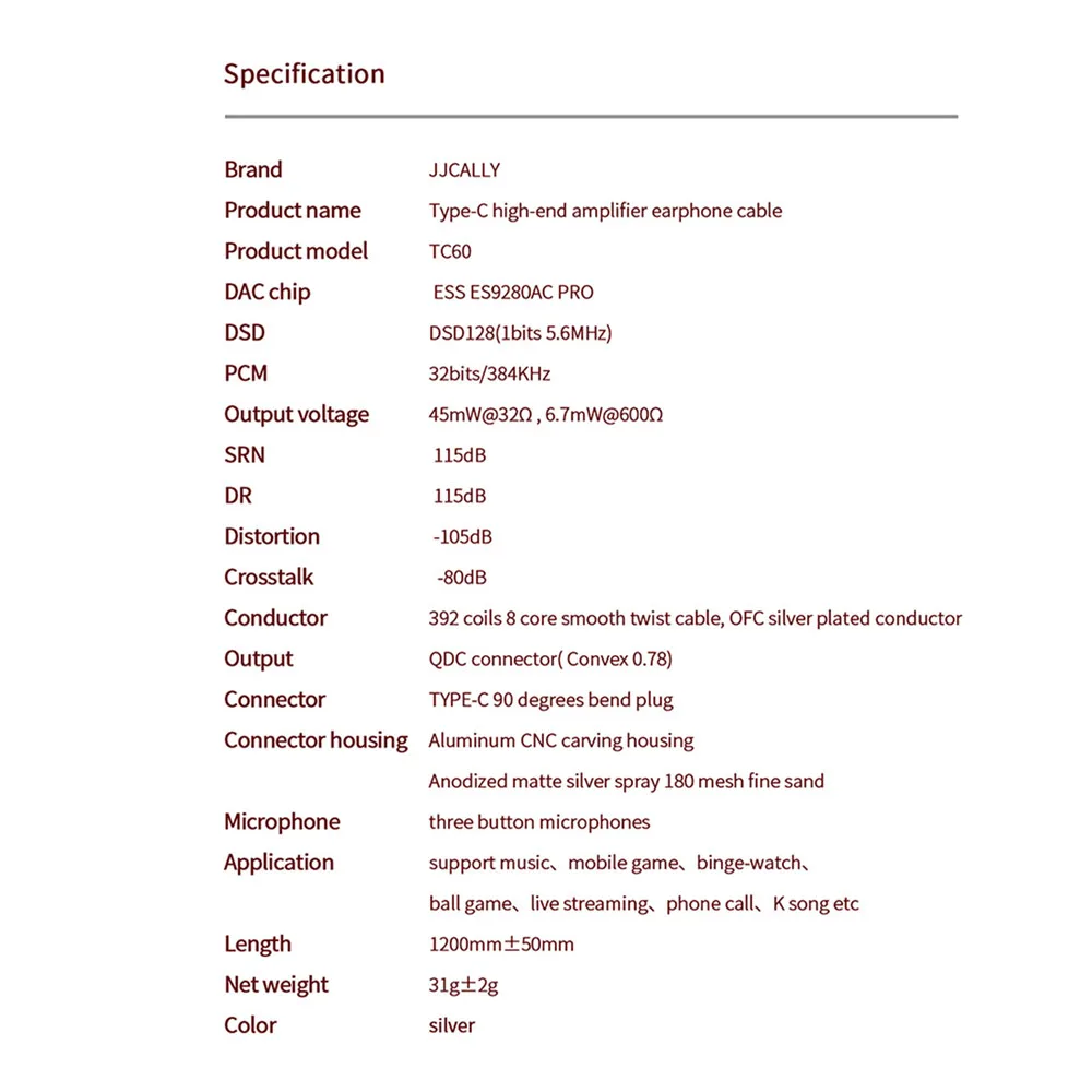 JCALLY TC60 OFC Amplifier tipe-c, Earphone lapis perak ES9280AC PRO Tipe C kabel Upgrade QDC Pin untuk AS16 PRO ZAT dengan MIK