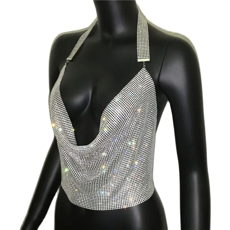 Sparkly Nightclub Rhinestone Tank Top For Women Party Halter Backless Deep V-neck Crop Tops Diamonds Sequins Festival Outfits