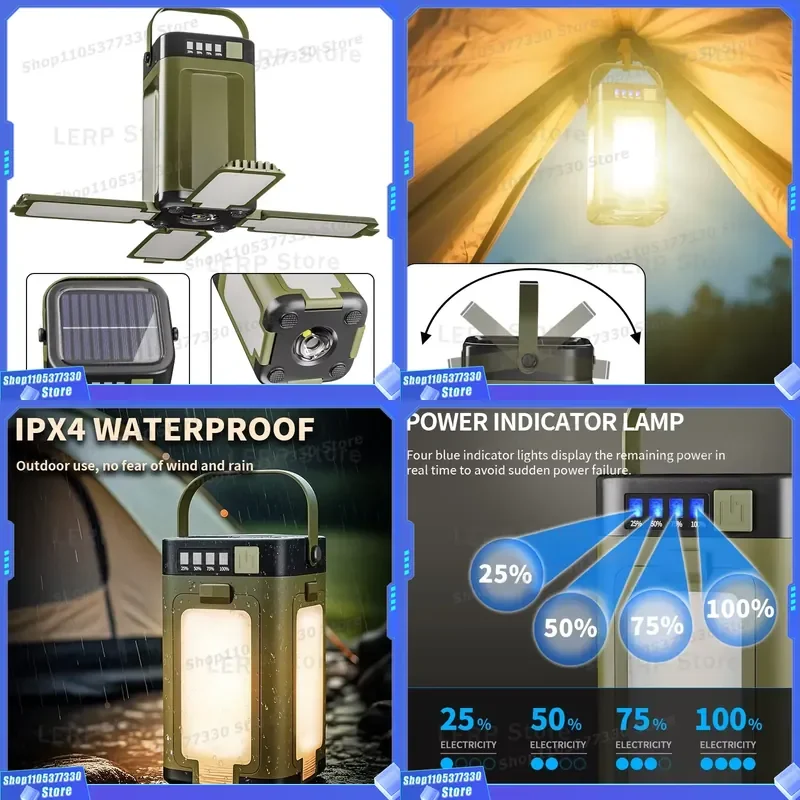 Portable Solar Camping Light with Battery Level Display Waterproof Folding Tent Lamp Rechargeable LED Flashlight for Outdoor