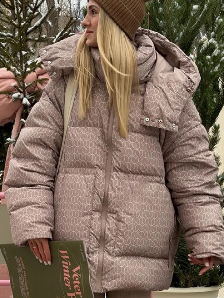 Warm Printed Hooded Puffer Jacket Loose Oversized Zip Up Mid-length Padded Coat Soft Long Sleeve Winter Casual 2026 Outerwear