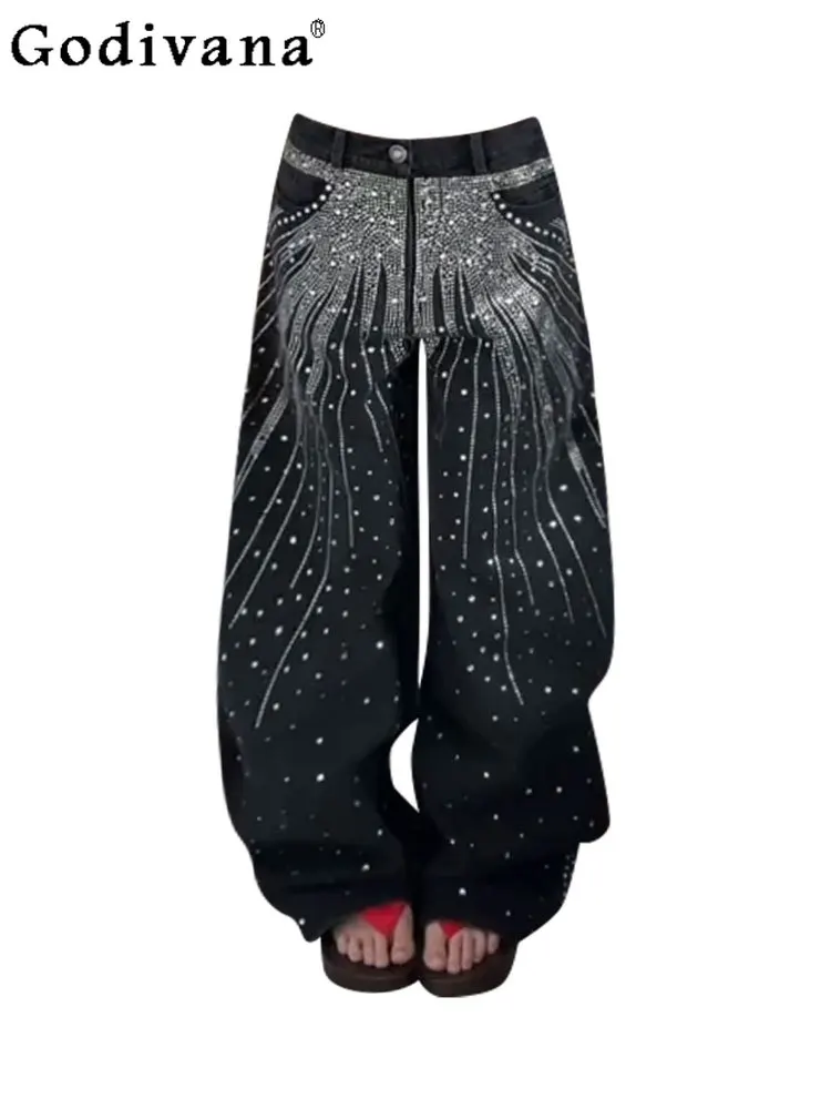 

Large Size American Street Washed Hot Diamond Leisure Jeans Street Girl 2025 New Fashion Personality Versatile Wide-leg Trousers