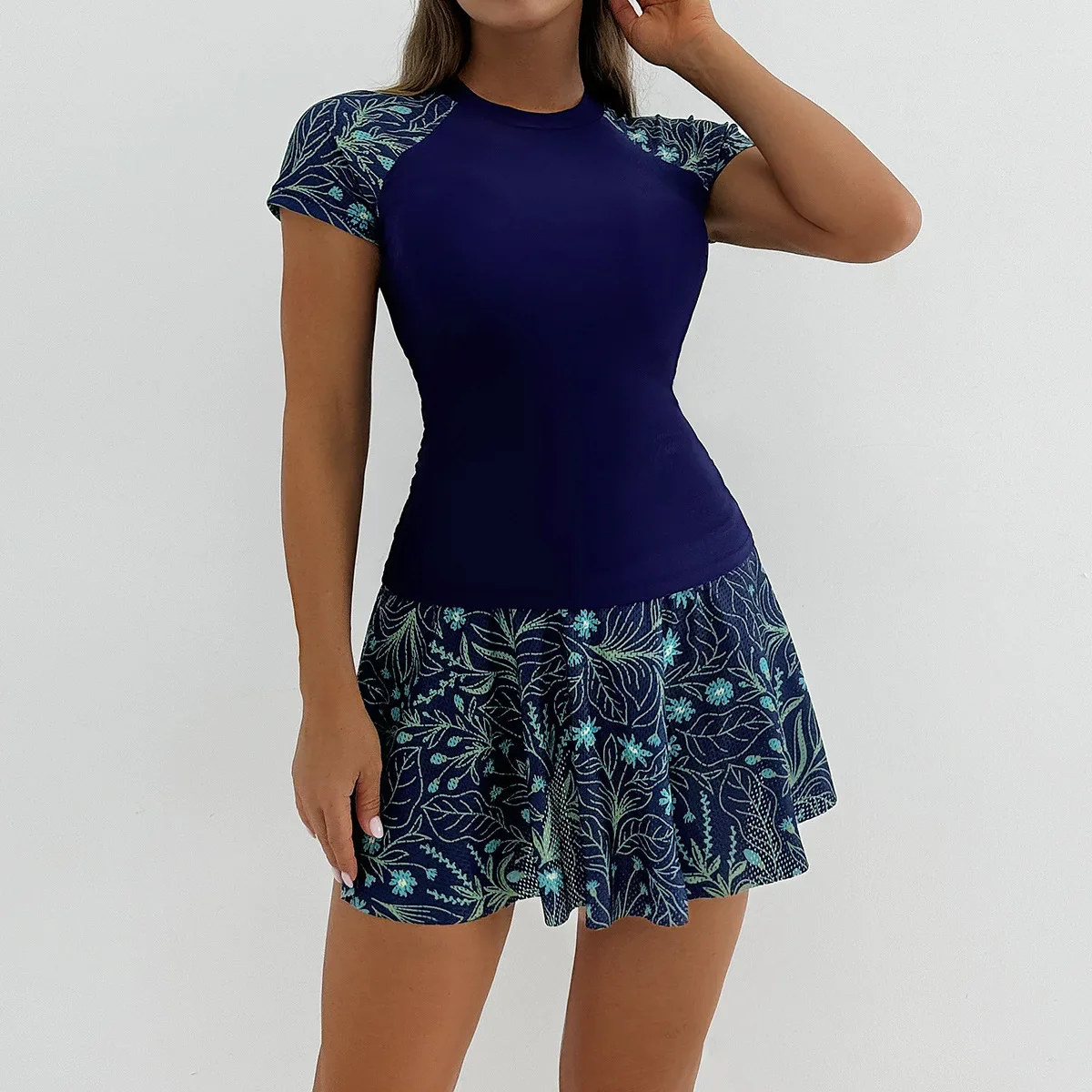 2025 Women's Split Bikini Beach Skirt Sports 2 Piece Swimsuit High Waist Tankini Swimwear Round Neck Short Sleeve Bathing Suit