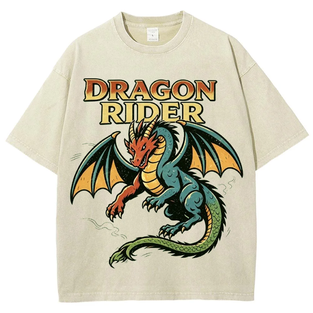 Dragon Rider Vintage Gothic Graphic T-Shirt Men's Casual Short Sleeve Crew Neck Streetwear Summer Top Tee ﻿