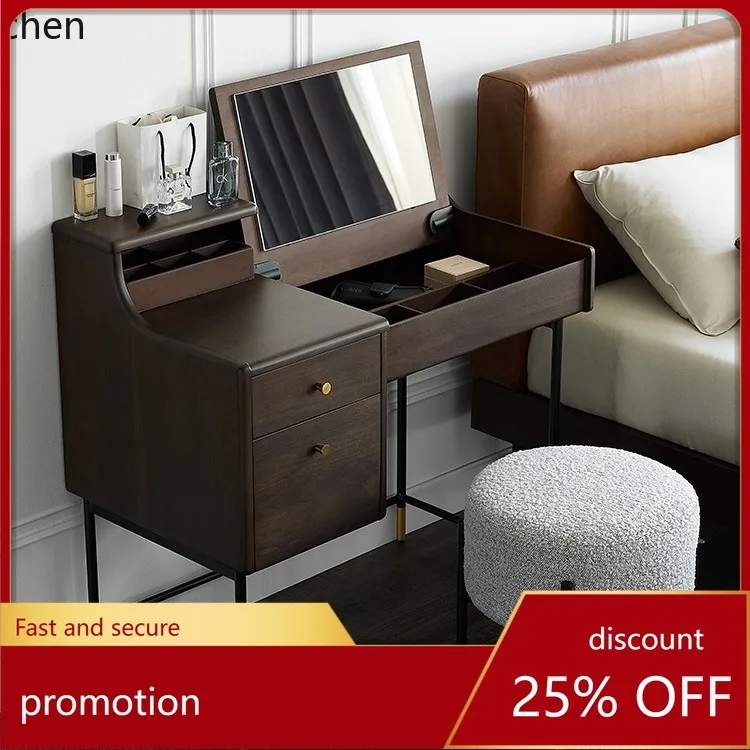 HXL Solid Wood Flip Top Dressing Table Storage Cabinet Integrated Walnut Color Makeup Table