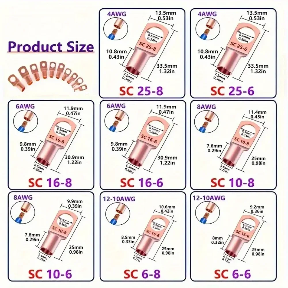 SC Tinned Copper Lug Ring Wire Connectors Bare Cable Terminals Set for Electrical Wiring