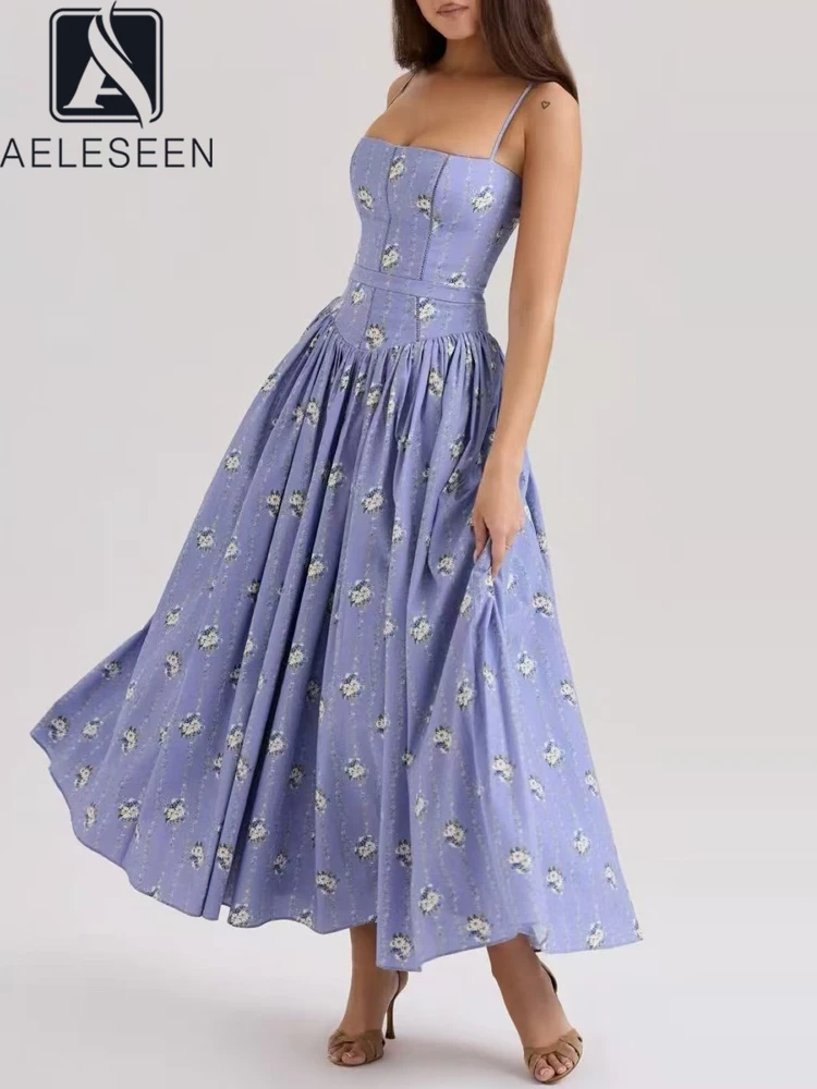 

AELESEEN Sicilian Summer Long Dress Women Designer Fashion Spaghetti Strap Square Collar Floral Print Slim Elegant Camisole