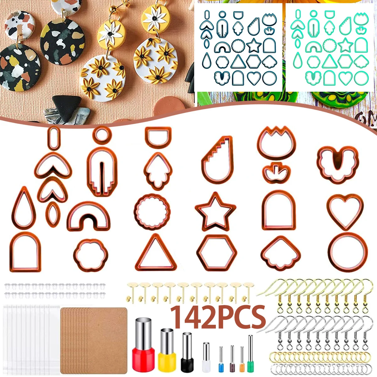 142Pcs Clay Cutters Set Polymer Clay Cutters Set with 24 Shapes Stainless Steel Clay Earring Cutters with Earring Accessories