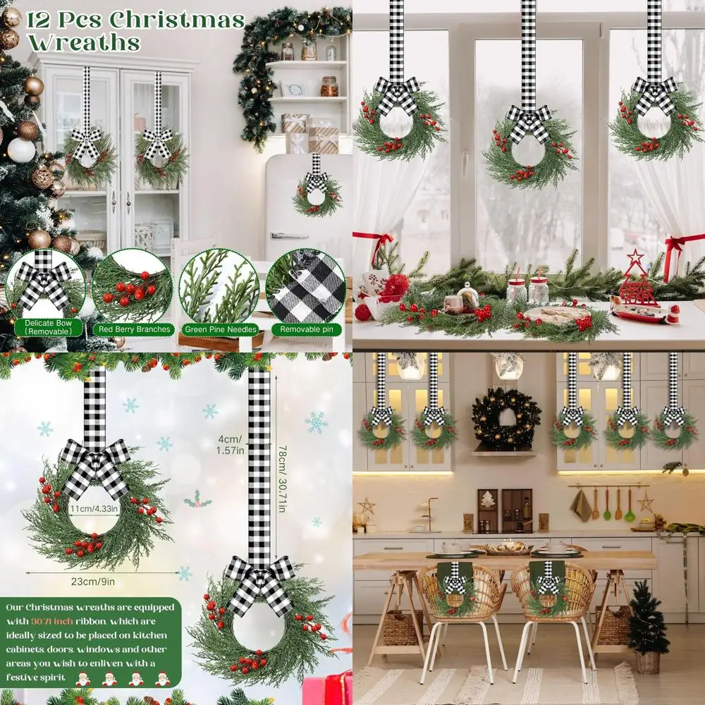 

Set of 12 Mini 9 Christmas Wreaths with Black White Buffalo Plaid Bows for Indoor or Outdoor Use