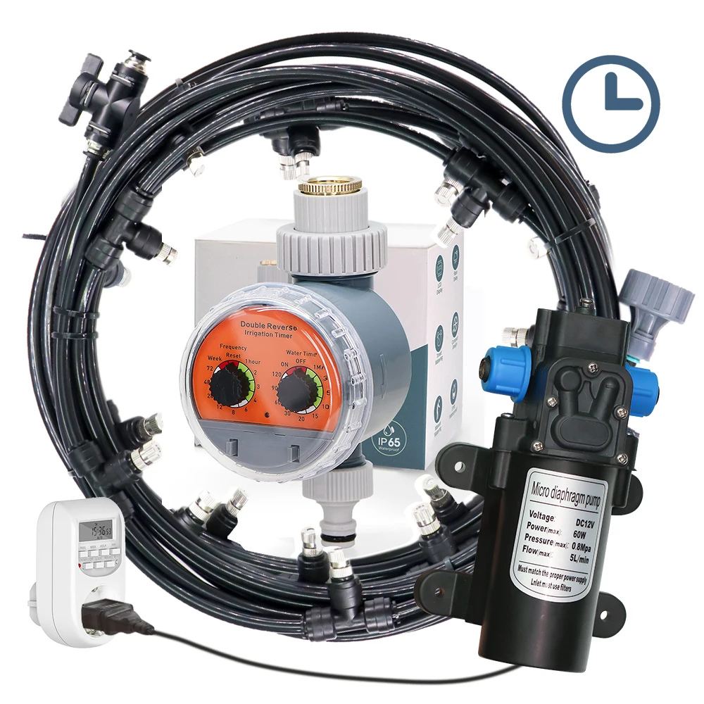 

1/4 "6-21m Misting Sprinkler Kit 60W Self-priming Pump Ball Valve Timer Suitable Irrigation Humidification and Dusting Gardens