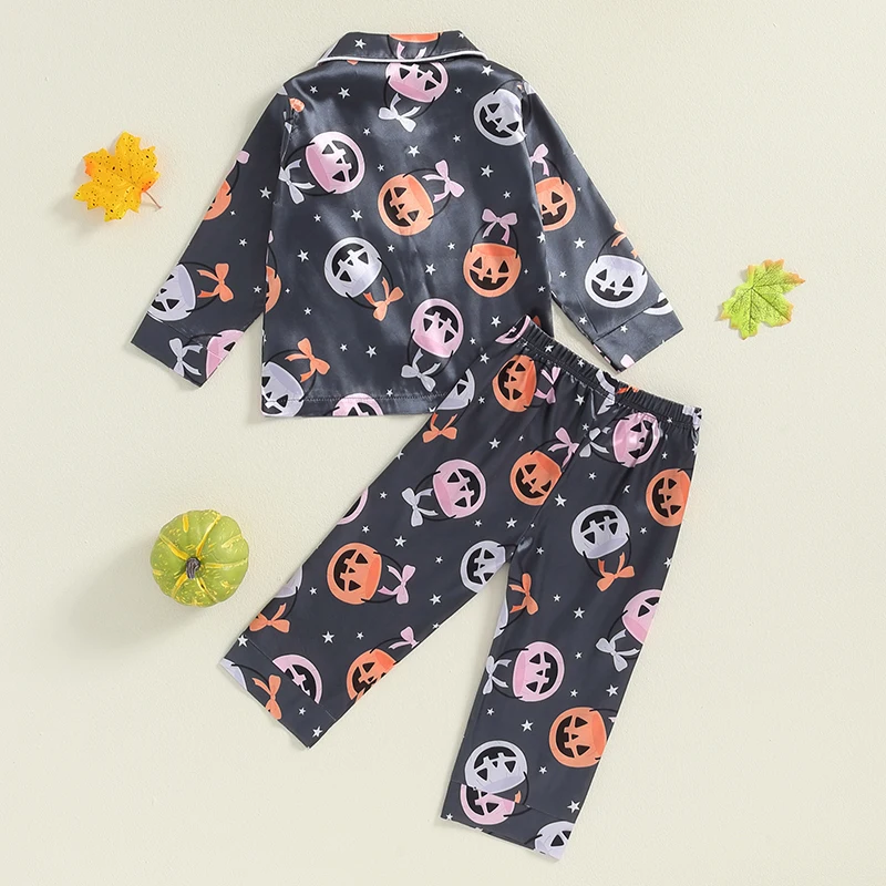 2024-06-13 Lioraitiin 1-7Y Kids Girls Halloween Pajama Sets Long Sleeve Lapel Pumpkin/Bow Print Shirt Pants Sleepwear