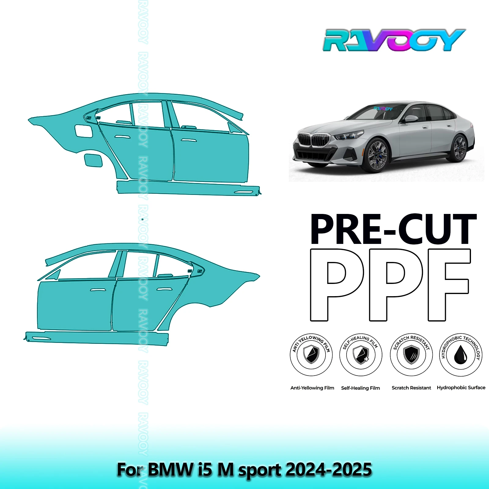 

For BMW i5 M sport 2024-2025 8.5mil Clear Matte Pre-Cut PPF Door & A/B Pillar Kit TPU Paint Protection Film Set