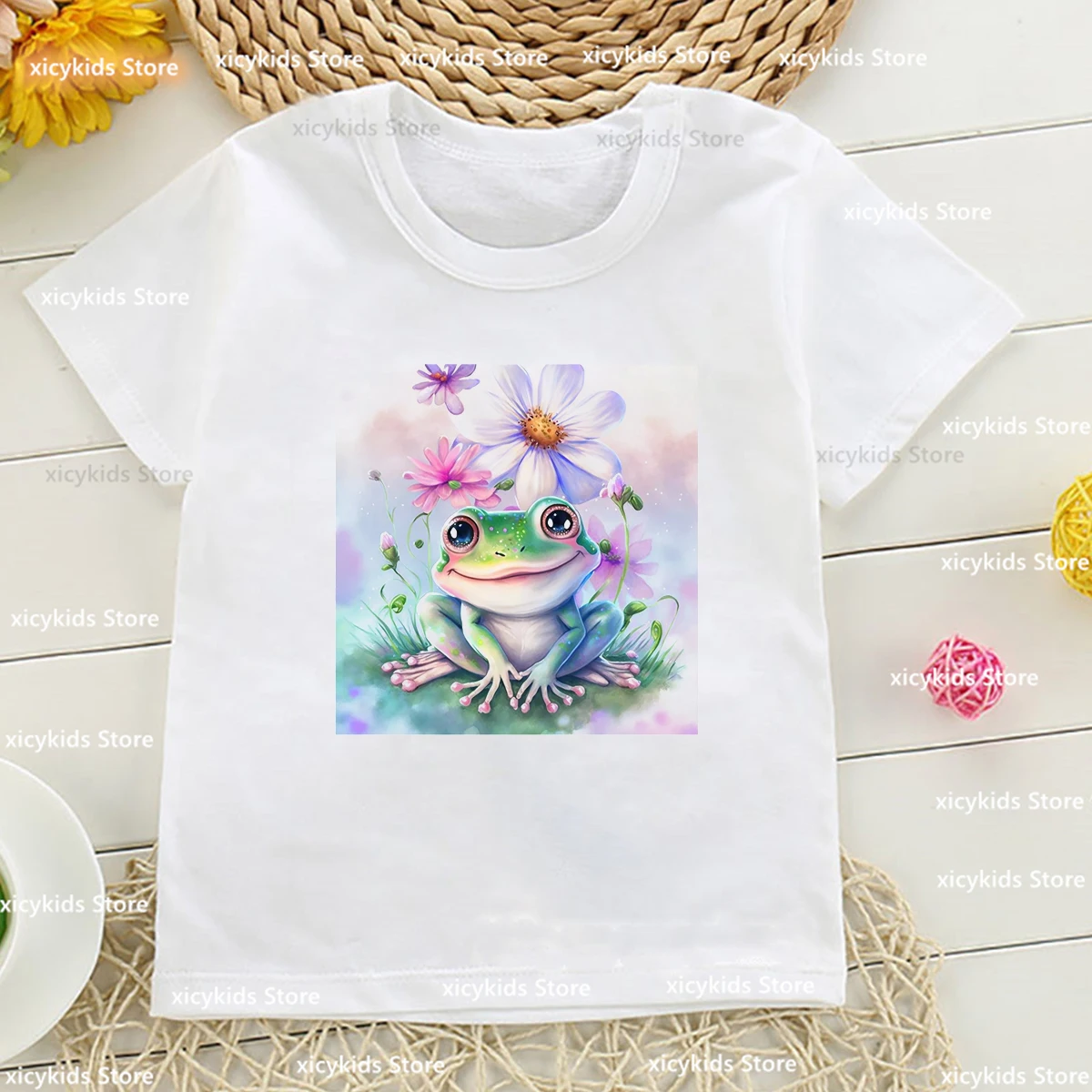 Cute Beautiful Frog Watercolor Printed Girls T-Shirt Summer Harajuku Children'S Tshirt Short Sleeved Top Cute Toddler Tshirt Top