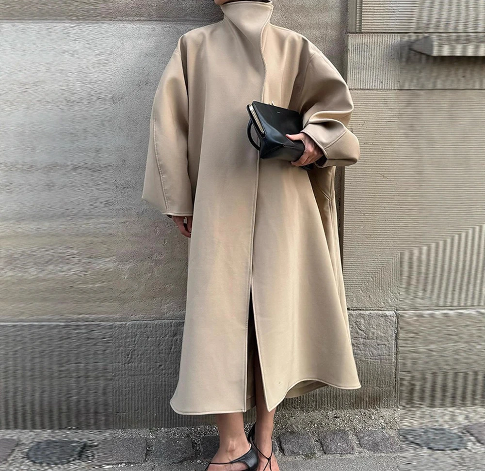 

2025 Autumn/winter New Casual Versatile Stand Up Collar Bat Sleeves Long Windbreaker Jacket