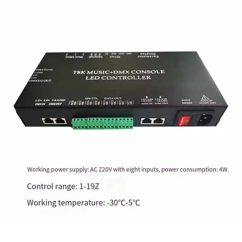 ABMI-WS2811 WS2815 For RGBIC SPI-TTL Led Strip Light Module Controller T8K Music+DMX Console 8 Channels Port With Mic In,