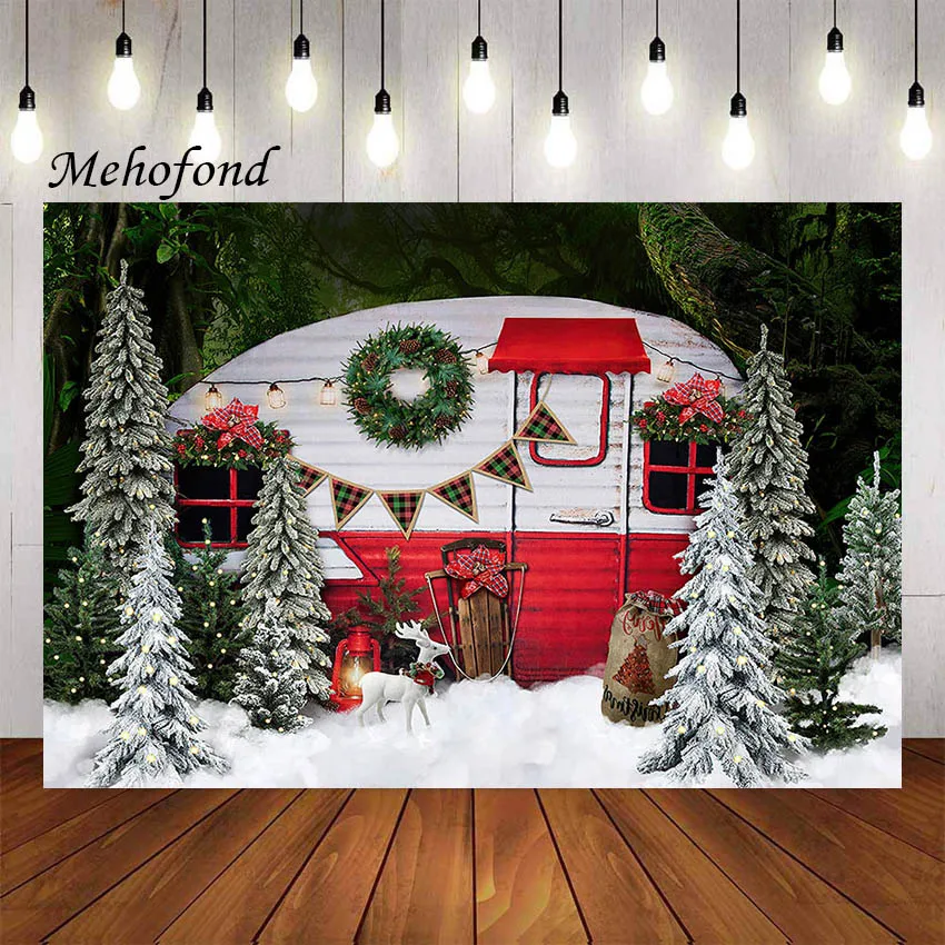 Mehofond Fotografie Hintergrund Weihnachten Camper Winter Snowy Pine Baum Ferien Kinder Familie Porträt Decor Hintergrund Foto Studio