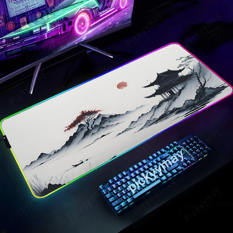 

Landscape Ink Painting RGB Gaming Mousepads Desk Pad Keyboard Mat LED Gamer Mousepad XXL Mouse Pads Luminous Mouse Mats