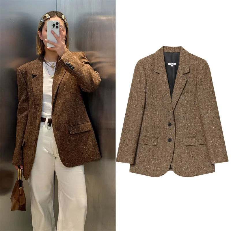 

Женская куртка, осень 2021, новый верблюжий свободный пиджак с длинными рукавами и рисунком «елочка», повседневный модный пригородный стиль