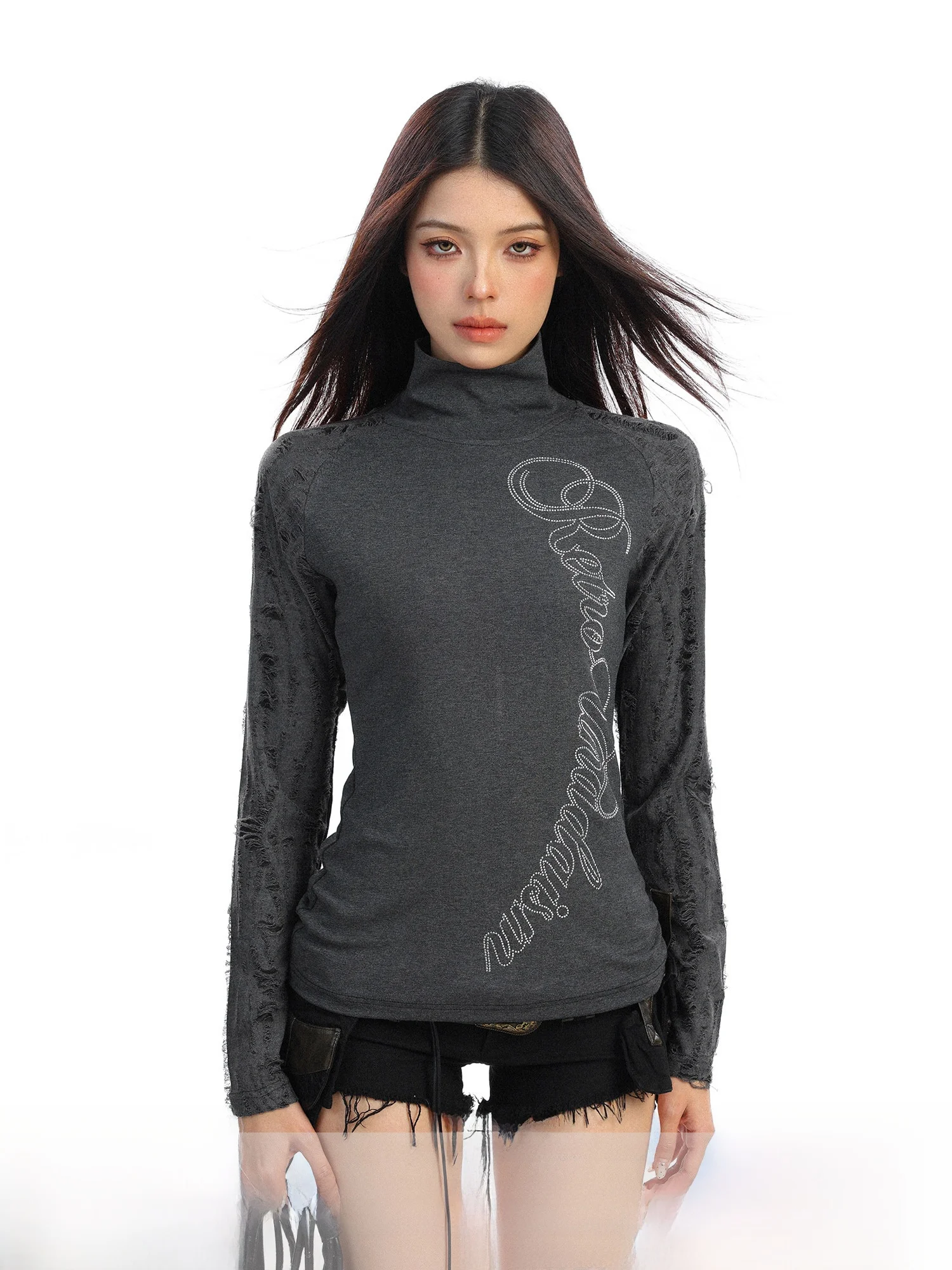 

Glitter Letter High Collar Long Sve T-irt Women Spring Slim Fit Faionable Inner And Outer Wear oulder Insert Design