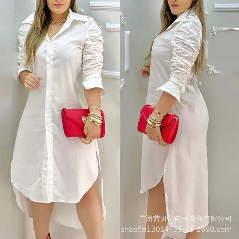 Women Commuter Dress 2024 Spring/summer Latest European and American Sweet Solid Color Pleated Front Short Back Long Shirt Skirt