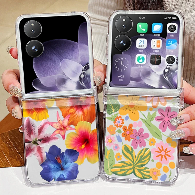 Bunte Blumen Schmetterling Handyhülle für Xiaomi Mix Flip MIX FLIP stoßfeste transparente harte PC faltbare klare Schutzabdeckung