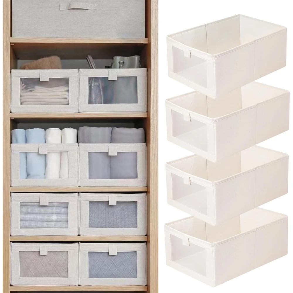

Linen Closet Organizers Storage Bins Baskets for Organization Foldable Organizer with Clear Window for Clothing, Jeans, Shelves