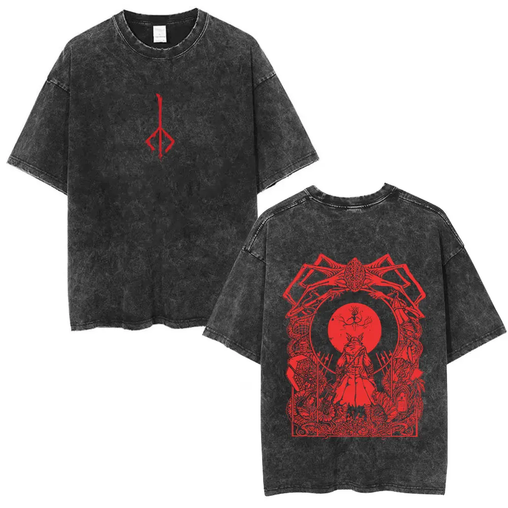 Washed Vintage Game Bloodborne Logo Print T-shirt Horror Hunter Merch T-shirts Men Women Casual Oversized T Shirts Streetwear