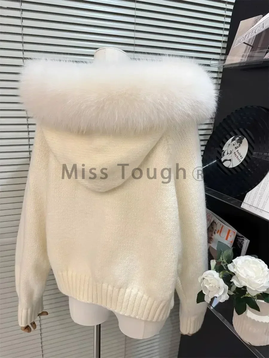 Winter Korean Fashion Causal Hooded Knitted Cardigan Commute Loose Fur Collar Solid Coat Zipper Design Women Cardigan 2024 New