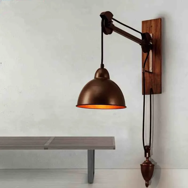 

Vintage Wall Lamp Iron Pulley Spindle Wall Lights Coffee Shop Bar Wood Wall Sconces Stairs Light Fixture Indoor Home Lighting