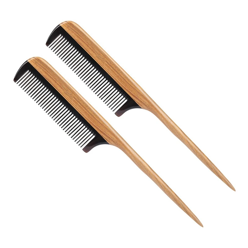 

2X Hair Combs -Natural Fine Tooth Wooden Tail Comb - No Static Purple Heart Wood Comb With Black Horn Teeth