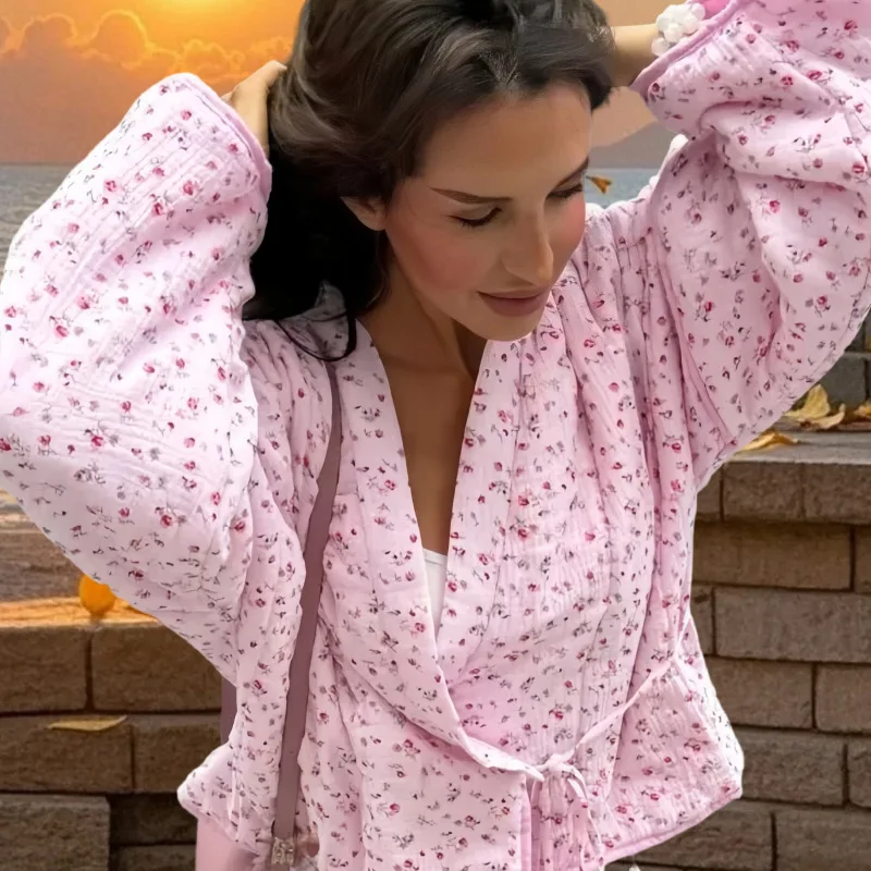 Fall/Winter 2025 Fashion Pink Sweet Floral Lace-Up Cotton Jacket V-Neck Flared Sleeve Jacket