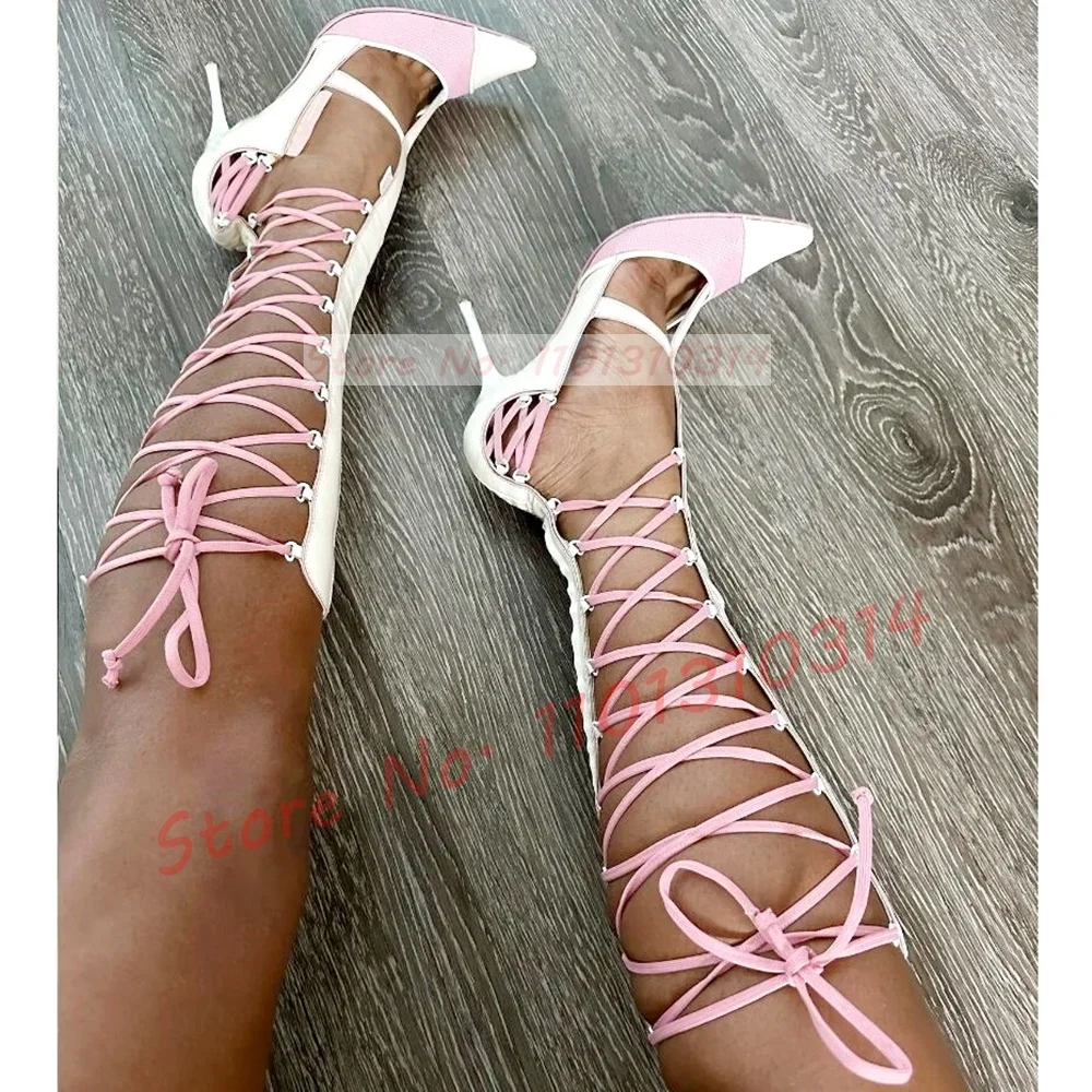 Pink Strappy White High Heels Sandals Women Elegant Pointy Toe Lace-up Shoes Lady Sweet Multicolor Gladiator Puttee Long Sandals