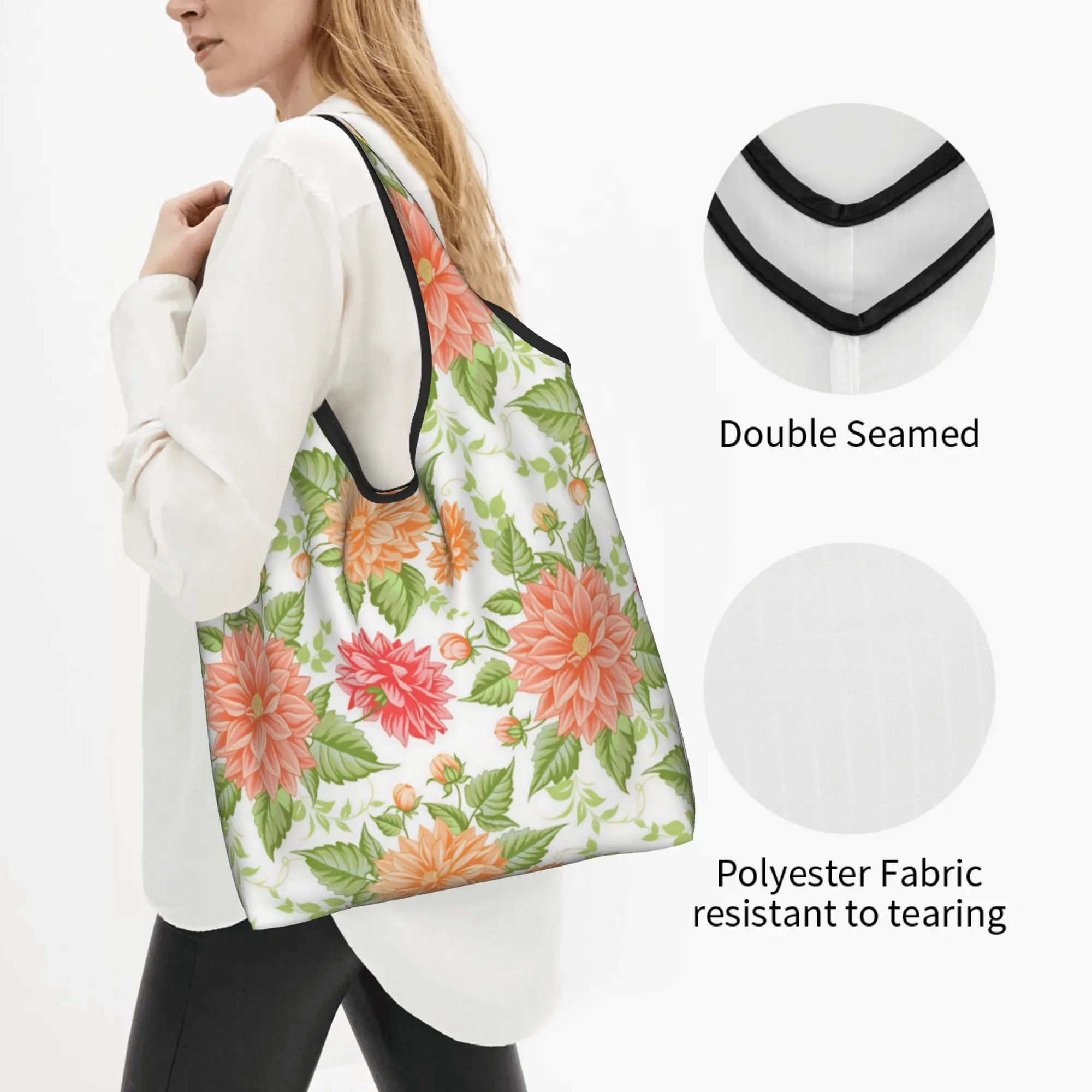 Funny Elegant Blooming Dahlia Flowers Shopping Tote Bags Portable  Grocery Shoulder Shopper Bag