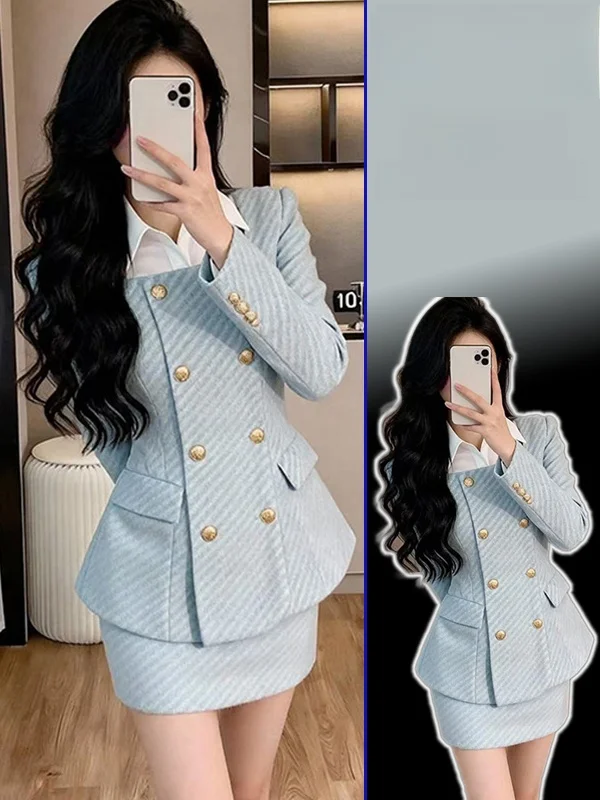 

Зимний комплект из шерстяного пальто и юбки больших размеров в стиле Ele Rich Girl и Sle Small Fraance для женщин больших размеров