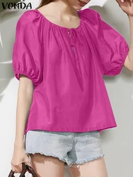 VONDA Women Summer Blouse 2023 Elegant Tops Sexy O-Neck Short Sleeve Fashion Casual Solid Color Shirt Bandage Loose Blusas Femme