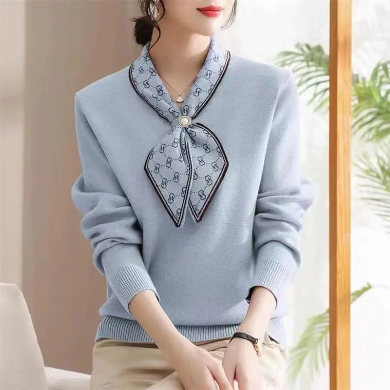 Fashion V-Neck Knitted Beading Lace Up Bow Sweaters Women\'s Clothing 2023 Winter New Loose Commute Pullovers Casual Tops