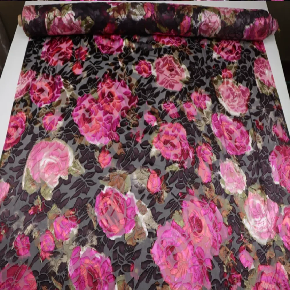 Brown Pink Dark Color Big Flower Hand Paint Style Breathable Opal Silk Burn Out Fabric for Wife Lady Party Shawl Dress view 3