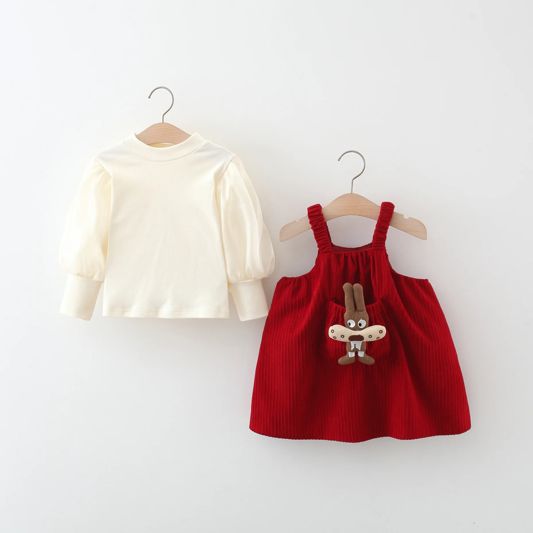 

Autumn 2024 new girls long-sleeved corduroy two-piece set pocket doll strap dress 초등 여아 옷