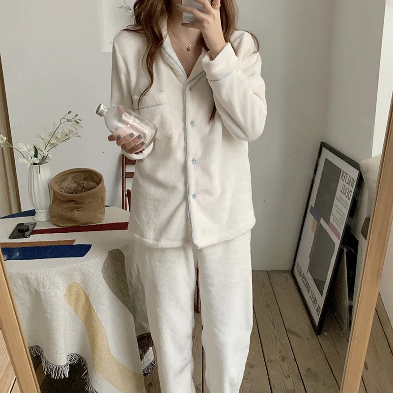 

New Home Thicken Simple Solid Fuzzy Hairy Winter Warm Long Sleeve Pajama Set Women Kawaii Sweet Loose Elegant Casual Sleepwear