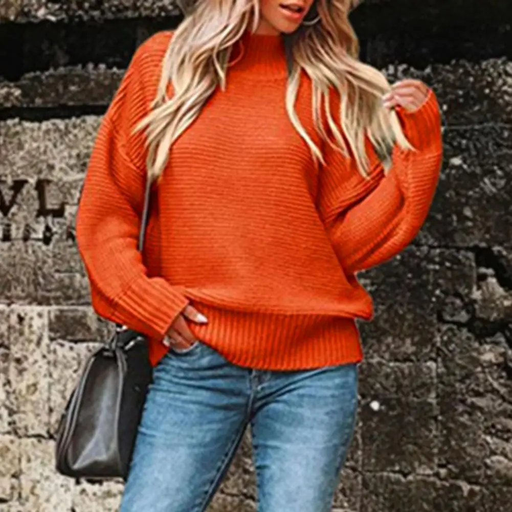 Knitted Texture Decoration Sweater Chic Oversized Pullover Sweater Women's Casual Knitting Tops with Half High Collar Long