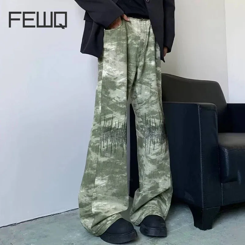 

FEWQ Embroidered Camouflage Men Jeans American 2024 Contrast Color Wide Leg Pants Korea Fashion Male Trousers 24E2023