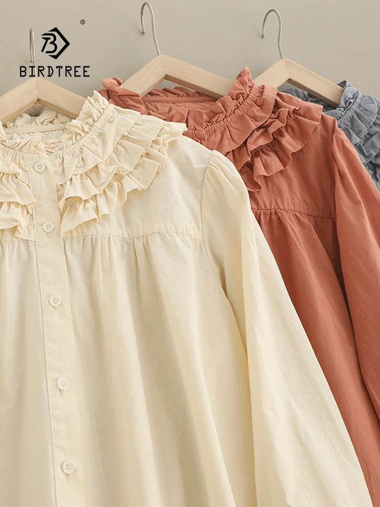 

New Summer Cotton Long Sleeve Shirt Peter Pan Collar Tops Mori Girl Sweet Casual Age Reduction Loose Blouse 2024 Autumn T46246QC