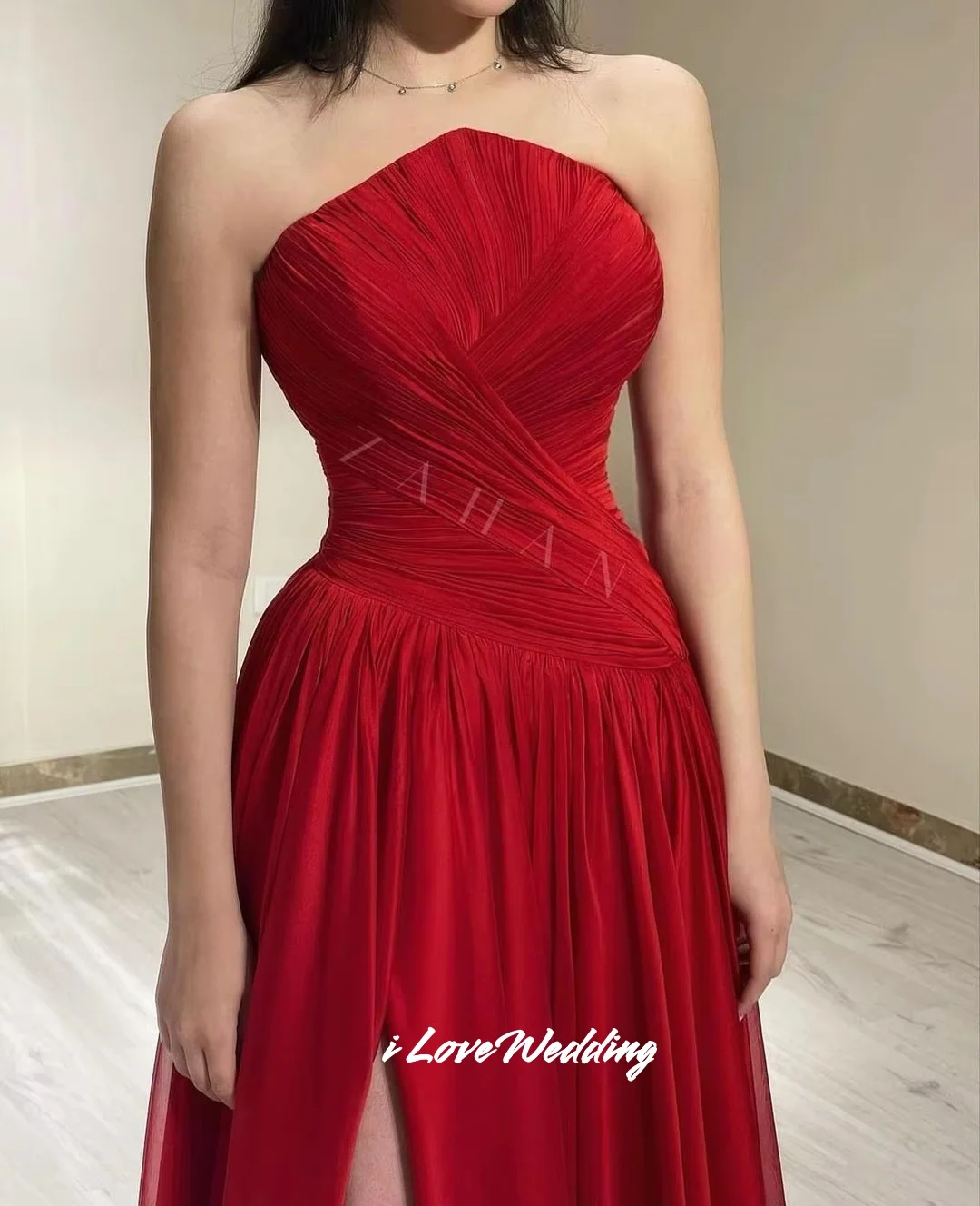 ثوب مسائي أحمر للنساء شيفون طويل فستاين سهرة/فساتين الحفلات بدون حمالات مطوي فتحة جانبية فستان الحفلات فساتين مأدبة النادي الخاص حسب الطلب #3
