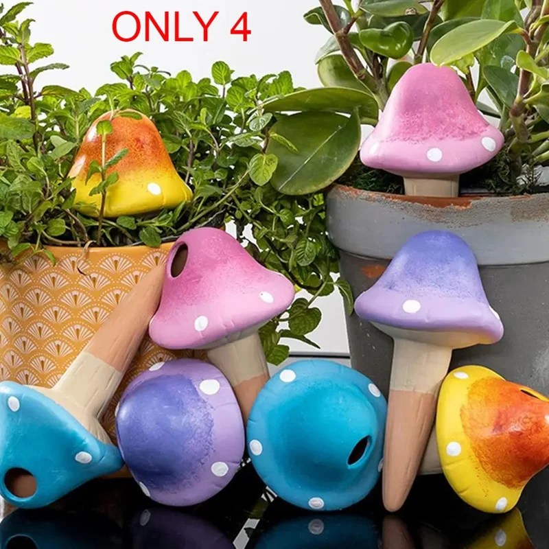 Plant Watering Stakes 4Pcs Cute Mushroom Automatic Plant Waterers Insert Garden Waterer Clay Watering Spikes Drip