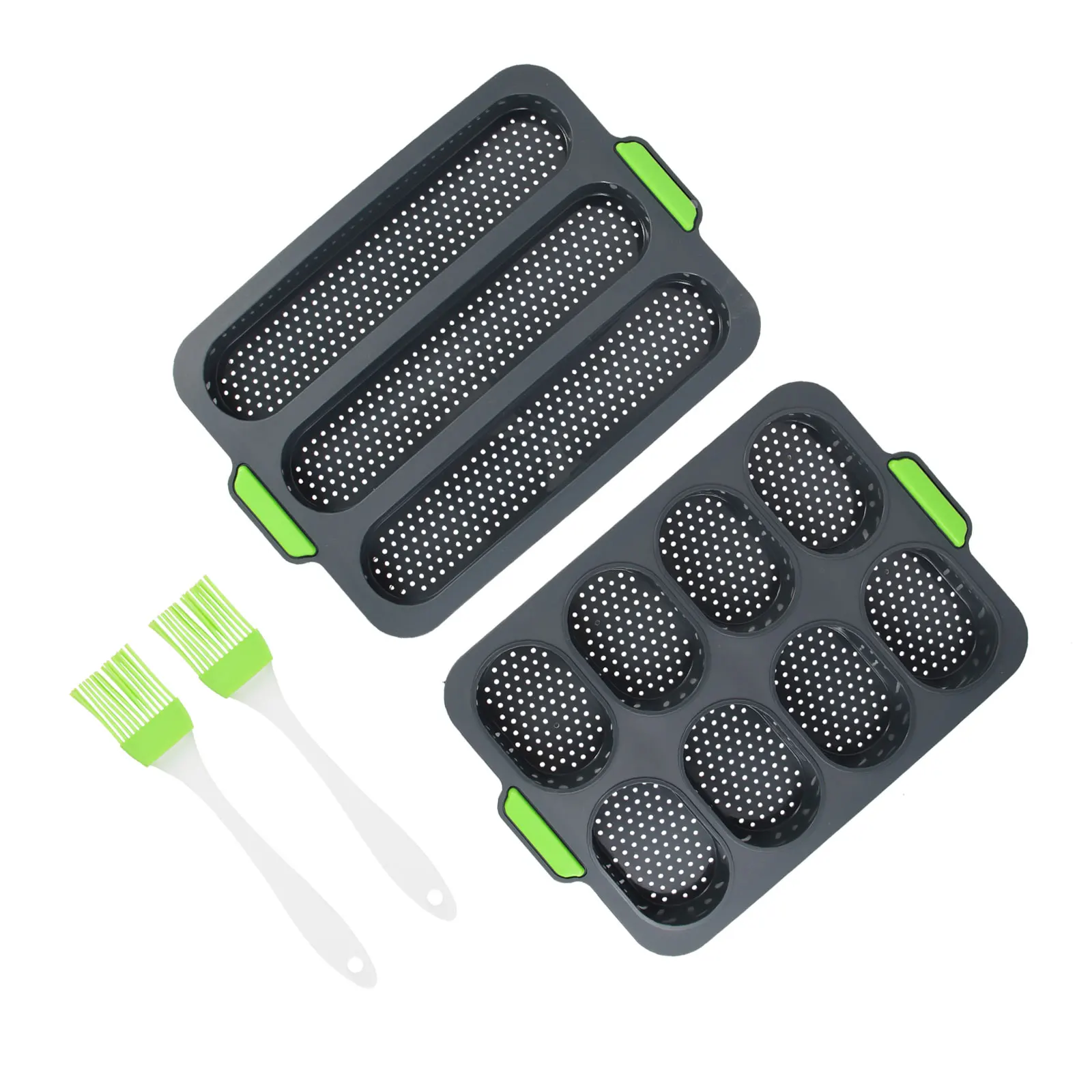 

1 set French Pan Set 8Cavities Gray Silicone Mold 3Slot Loaf Baking Tool Kit Green Bread Pans Brush Kitchen Bakery