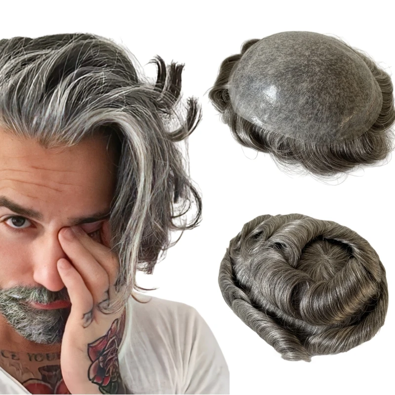 

Indian Virgin Human Hair Replacement 1b50 Grey 8x10 Skin Knots PU Toupee for White Men