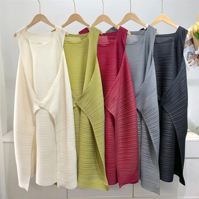Miyake Summer New Pleated Sleeveless Dress Women's Mid-length Square Neck Straps Loose Undershirt Long Skirt Wrinkle-Free