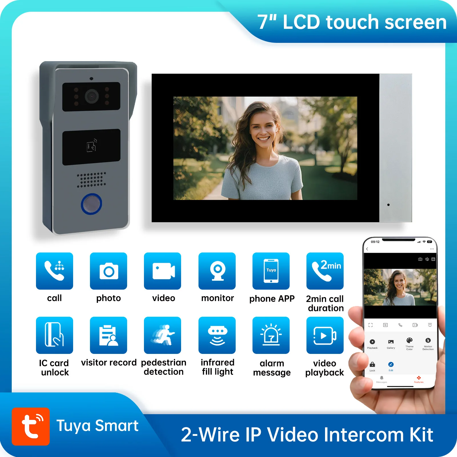 

2 Wire Video Doorbell Intercom System 7" IPS LCD Screen Wireless RFID Unlock Night Vision Tuya Smart Wifi Video Phone 1080P