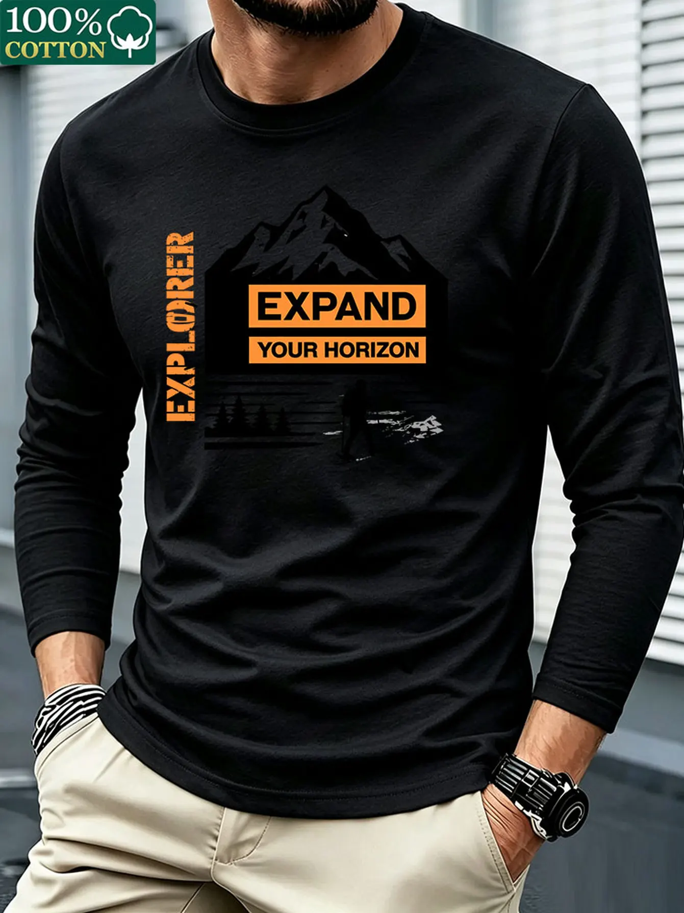 Men 100% Cotton Long Sleeve T Shirt Comfortable Printed Crew Neck Tee Casual Trendy Spring Autumn Basic Tops Commute Daily Wear