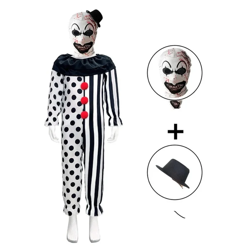 

Halloween Clown Cosplay Costume with Mask and Hat for Kids Clown Terrifier Dress Kids Jumpsuit Carnival Party